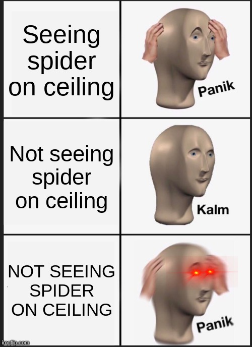 Panik | Seeing spider on ceiling; Not seeing spider on ceiling; NOT SEEING SPIDER ON CEILING | image tagged in memes,panik kalm panik | made w/ Imgflip meme maker