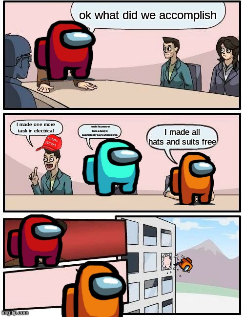 Boardroom Meeting Suggestion | ok what did we accomplish; I made one more task in electrical; I made if someone finds a body it automatically says where it was; I made all hats and suits free | image tagged in memes,boardroom meeting suggestion | made w/ Imgflip meme maker