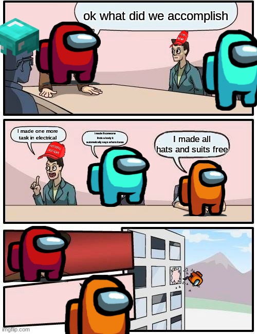 Boardroom Meeting Suggestion | ok what did we accomplish; I made one more task in electrical; I made if someone finds a body it automatically says where it was; I made all hats and suits free | image tagged in memes,boardroom meeting suggestion | made w/ Imgflip meme maker