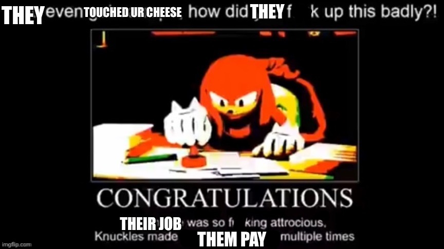 Knuckles Meme Illegal (Failing Job) | TOUCHED UR CHEESE THEM PAY | image tagged in knuckles meme illegal failing job | made w/ Imgflip meme maker