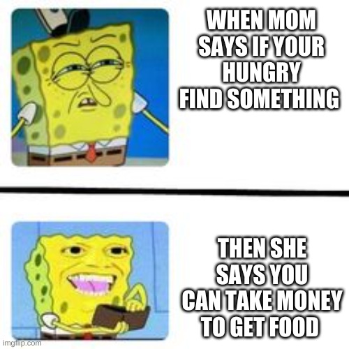 FOOD | WHEN MOM SAYS IF YOUR HUNGRY FIND SOMETHING; THEN SHE SAYS YOU CAN TAKE MONEY TO GET FOOD | image tagged in 1234 | made w/ Imgflip meme maker
