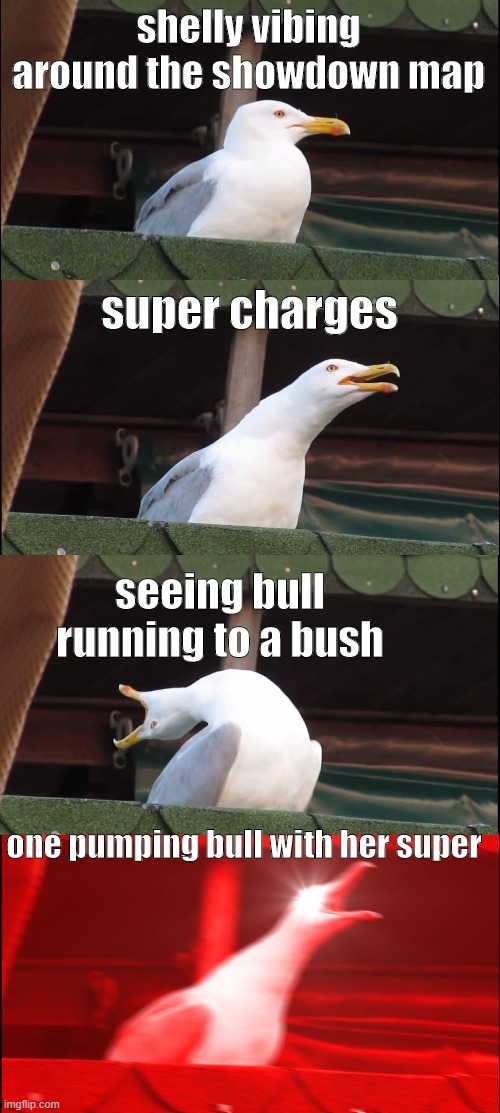 Inhaling Seagull | shelly vibing around the showdown map; super charges; seeing bull running to a bush; one pumping bull with her super | image tagged in memes,inhaling seagull | made w/ Imgflip meme maker