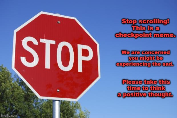 stop sign | Stop scrolling! This is a checkpoint meme. We are concerned you might be experiencing the sad. Please take this time to think a positive thought. | image tagged in stop sign | made w/ Imgflip meme maker
