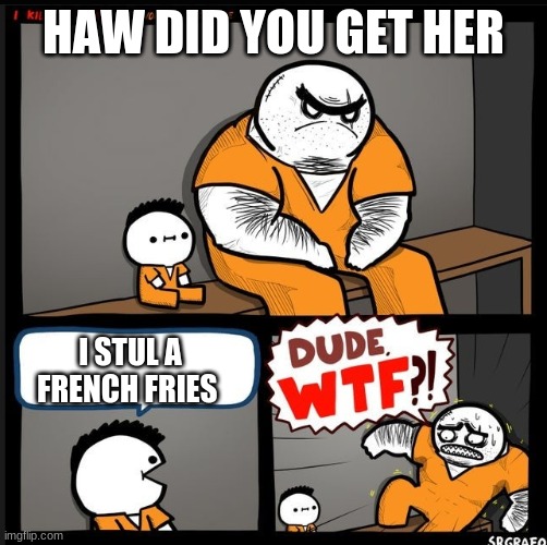 Srgrafo dude wtf | HAW DID YOU GET HER; I STUL A FRENCH FRIES | image tagged in srgrafo dude wtf | made w/ Imgflip meme maker