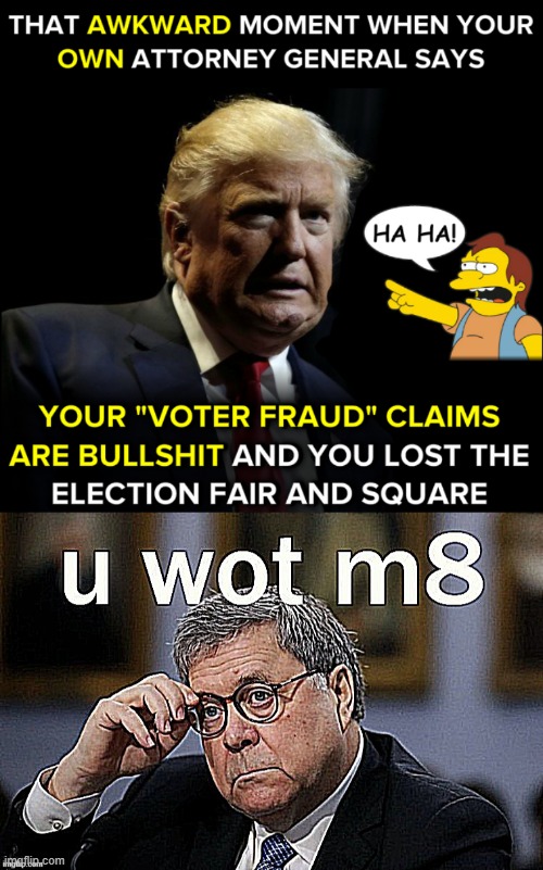 u wot m8 | image tagged in voter fraud fraud,william barr u wot m8 sharpened x2,attorney general,election fraud,voter fraud,election 2020 | made w/ Imgflip meme maker