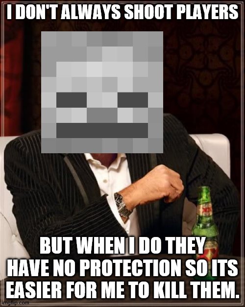 skeletons are annoying. | I DON'T ALWAYS SHOOT PLAYERS; BUT WHEN I DO THEY HAVE NO PROTECTION SO ITS EASIER FOR ME TO KILL THEM. | image tagged in memes,the most interesting man in the world | made w/ Imgflip meme maker