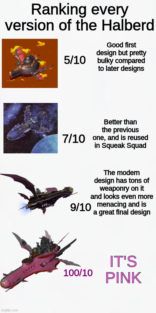 just my honest opinion | Ranking every version of the Halberd; 5/10; Good first design but pretty bulky compared to later designs; Better than the previous one, and is reused in Squeak Squad; 7/10; The modern design has tons of weaponry on it and looks even more menacing and is a great final design; 9/10; IT'S PINK; 100/10 | image tagged in kirby,meta knight | made w/ Imgflip meme maker