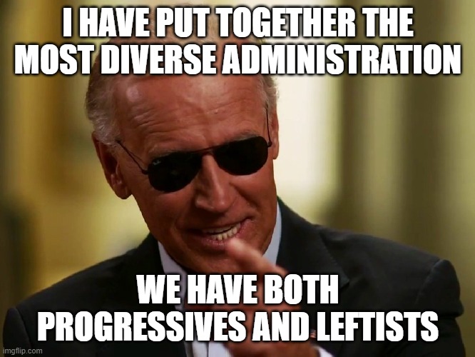 Cool Joe Biden | I HAVE PUT TOGETHER THE MOST DIVERSE ADMINISTRATION; WE HAVE BOTH PROGRESSIVES AND LEFTISTS | image tagged in cool joe biden | made w/ Imgflip meme maker