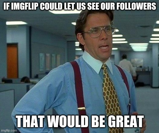seriously i want to know who my 3 (at the time of this meme) followers are | IF IMGFLIP COULD LET US SEE OUR FOLLOWERS; THAT WOULD BE GREAT | image tagged in memes,that would be great | made w/ Imgflip meme maker
