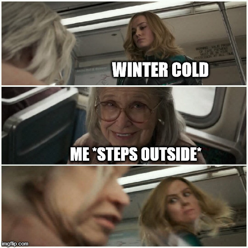 It isn't too bad- the cold made my face so numb, I could barely feel the punch. | WINTER COLD; ME *STEPS OUTSIDE* | image tagged in captain marvel punch old lady,marvel | made w/ Imgflip meme maker