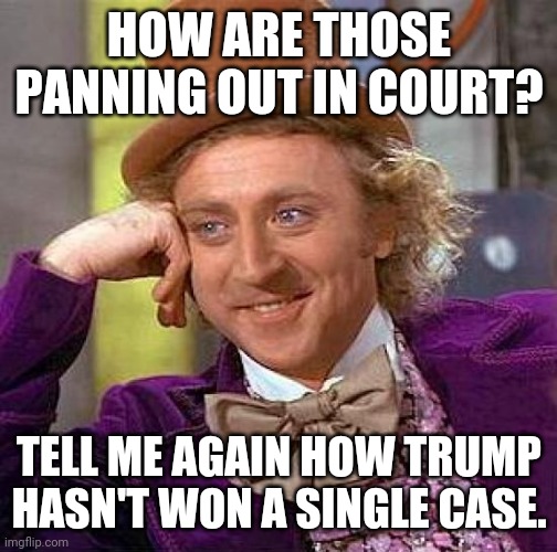 Creepy Condescending Wonka Meme | HOW ARE THOSE PANNING OUT IN COURT? TELL ME AGAIN HOW TRUMP HASN'T WON A SINGLE CASE. | image tagged in memes,creepy condescending wonka | made w/ Imgflip meme maker