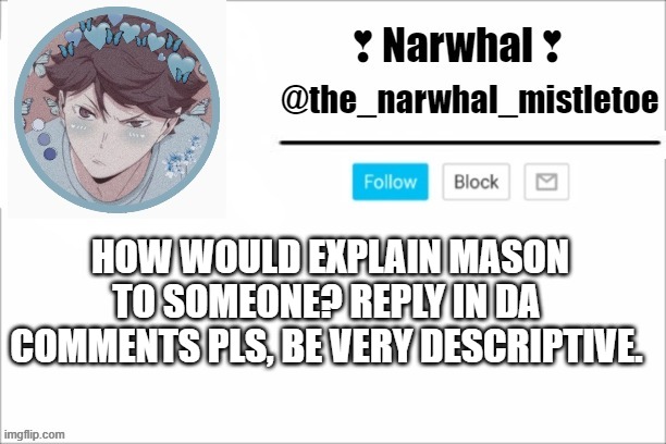 a friend wants to know who he is. | HOW WOULD EXPLAIN MASON TO SOMEONE? REPLY IN DA COMMENTS PLS, BE VERY DESCRIPTIVE. | image tagged in narwhals announcement template | made w/ Imgflip meme maker
