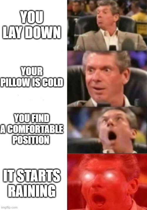 sleep | YOU LAY DOWN; YOUR PILLOW IS COLD; YOU FIND A COMFORTABLE POSITION; IT STARTS RAINING | image tagged in mr mcmahon reaction | made w/ Imgflip meme maker