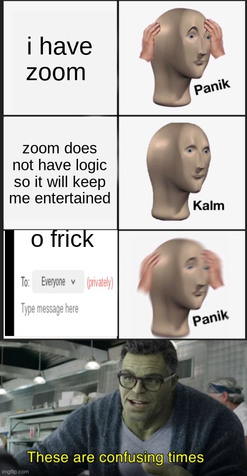 i have zoom; zoom does not have logic so it will keep me entertained; o frick | image tagged in memes,panik kalm panik,these are confusing times | made w/ Imgflip meme maker