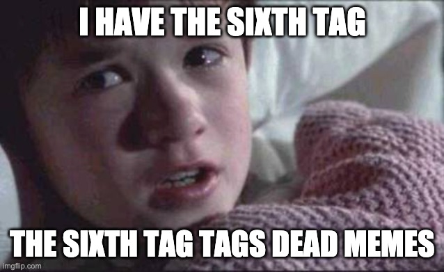 I See Dead People Meme | I HAVE THE SIXTH TAG THE SIXTH TAG TAGS DEAD MEMES | image tagged in memes,i see dead people | made w/ Imgflip meme maker