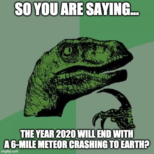 Philosoraptor Meme | SO YOU ARE SAYING... THE YEAR 2020 WILL END WITH A 6-MILE METEOR CRASHING TO EARTH? | image tagged in memes,philosoraptor | made w/ Imgflip meme maker