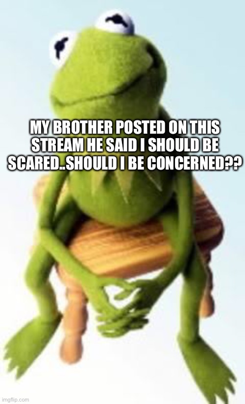 Concerned Kermit | MY BROTHER POSTED ON THIS STREAM HE SAID I SHOULD BE SCARED..SHOULD I BE CONCERNED?? | image tagged in concerned kermit | made w/ Imgflip meme maker