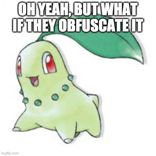 Chikorita | OH YEAH, BUT WHAT IF THEY OBFUSCATE IT | image tagged in chikorita | made w/ Imgflip meme maker