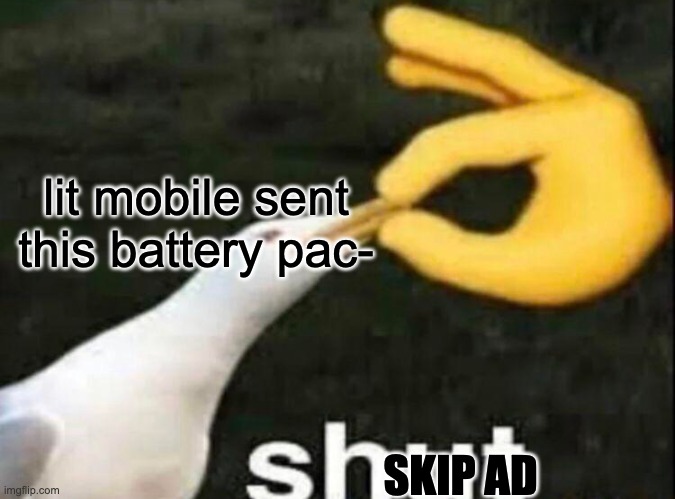 SHUT | lit mobile sent this battery pac- SKIP AD | image tagged in shut | made w/ Imgflip meme maker