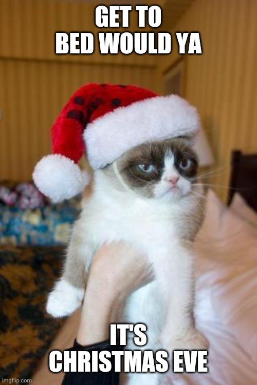 Grumpy Cat Christmas Meme | GET TO BED WOULD YA; IT'S CHRISTMAS EVE | image tagged in memes,grumpy cat christmas,grumpy cat | made w/ Imgflip meme maker