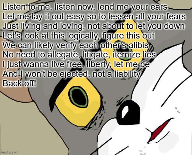 Unsettled Tom | Listen to me, listen now, lend me your ears
Let me lay it out easy so to lessen all your fears
Just living and loving, not about to let you down
Let's look at this logically, figure this out
We can likely verify each other's alibis
No need to allegate, litigate, itemize lies
I just wanna live free, liberty, let me be
And I won't be ejected, not a liability
Back off! | image tagged in memes,unsettled tom | made w/ Imgflip meme maker