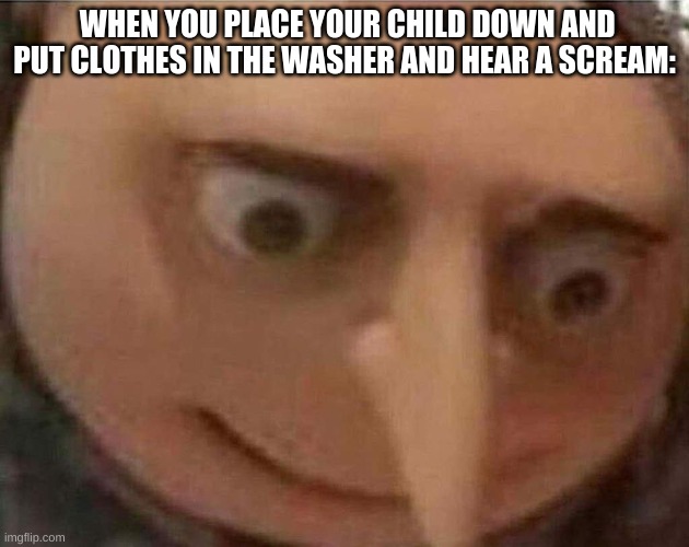 a title | WHEN YOU PLACE YOUR CHILD DOWN AND PUT CLOTHES IN THE WASHER AND HEAR A SCREAM: | image tagged in gru meme | made w/ Imgflip meme maker