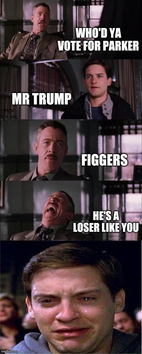 Peter Parker Cry | WHO'D YA VOTE FOR PARKER; MR TRUMP; FIGGERS; HE'S A LOSER LIKE YOU | image tagged in memes,peter parker cry | made w/ Imgflip meme maker