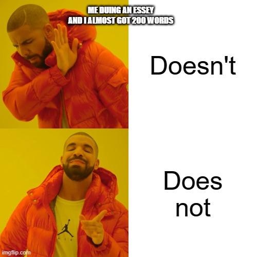 Drake Hotline Bling | ME DUING AN ESSEY AND I ALMOST GOT 200 WORDS; Doesn't; Does not | image tagged in memes,drake hotline bling | made w/ Imgflip meme maker