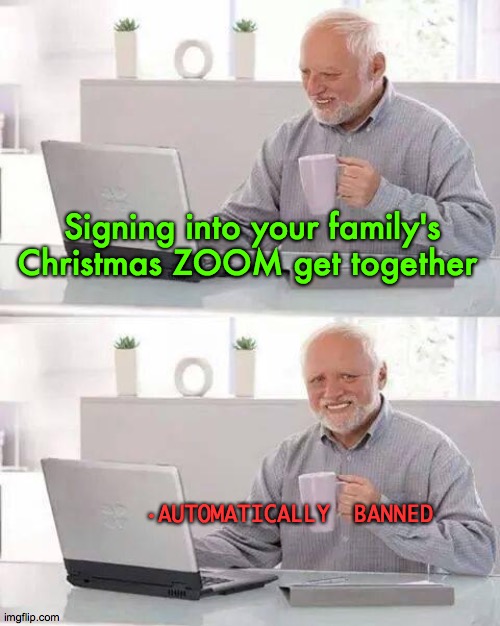 Family Christmas | Signing into your family's Christmas ZOOM get together; ·AUTOMATICALLY BANNED | image tagged in memes,hide the pain harold,family,christmas,liked out,2020 | made w/ Imgflip meme maker