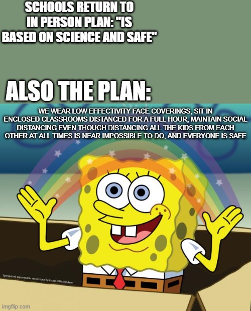 this is actually what I've heard some schools doing | SCHOOLS RETURN TO IN PERSON PLAN: "IS BASED ON SCIENCE AND SAFE"; ALSO THE PLAN:; WE WEAR LOW EFFECTIVITY FACE COVERINGS, SIT IN ENCLOSED CLASSROOMS DISTANCED FOR A FULL HOUR, MAINTAIN SOCIAL DISTANCING EVEN THOUGH DISTANCING ALL THE KIDS FROM EACH OTHER AT ALL TIMES IS NEAR IMPOSSIBLE TO DO, AND EVERYONE IS SAFE | image tagged in sponge bob imagination,memes,school,covid 19,social distancing,relatable | made w/ Imgflip meme maker