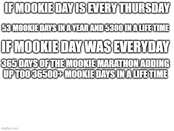 they just get bigger | 53 MOOKIE DAYS IN A YEAR AND 5300 IN A LIFE TIME; IF MOOKIE DAY IS EVERY THURSDAY; IF MOOKIE DAY WAS EVERYDAY; 365 DAYS OF THE MOOKIE MARATHON ADDING UP TOO 36500+ MOOKIE DAYS IN A LIFE TIME | image tagged in blank white template | made w/ Imgflip meme maker