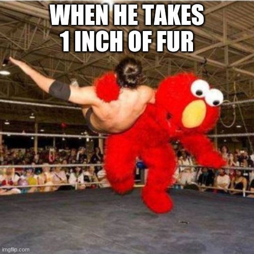 Elmo wrestling | WHEN HE TAKES 1 INCH OF FUR | image tagged in elmo wrestling | made w/ Imgflip meme maker