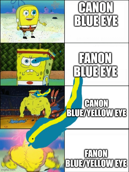Increasingly buff spongebob | CANON BLUE EYE; FANON BLUE EYE; CANON BLUE/YELLOW EYE; FANON BLUE/YELLOW EYE | image tagged in increasingly buff spongebob | made w/ Imgflip meme maker
