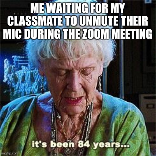 It's been 84 years | ME WAITING FOR MY CLASSMATE TO UNMUTE THEIR MIC DURING THE ZOOM MEETING | image tagged in it's been 84 years | made w/ Imgflip meme maker