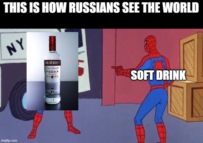 soft drink=vodka | THIS IS HOW RUSSIANS SEE THE WORLD; SOFT DRINK | image tagged in spiderman pointing at spiderman | made w/ Imgflip meme maker