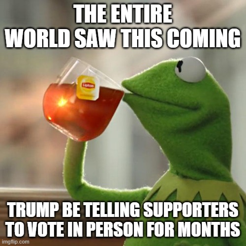 But That's None Of My Business Meme | THE ENTIRE WORLD SAW THIS COMING TRUMP BE TELLING SUPPORTERS TO VOTE IN PERSON FOR MONTHS | image tagged in memes,but that's none of my business,kermit the frog | made w/ Imgflip meme maker