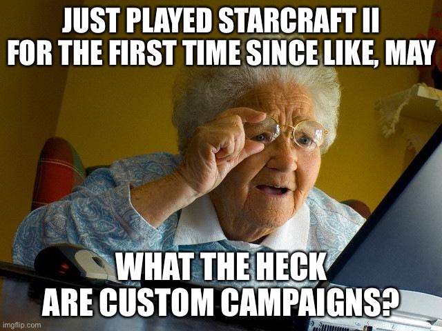 Grandma Finds The Internet Meme | JUST PLAYED STARCRAFT II FOR THE FIRST TIME SINCE LIKE, MAY; WHAT THE HECK ARE CUSTOM CAMPAIGNS? | image tagged in memes,grandma finds the internet,starcraft | made w/ Imgflip meme maker