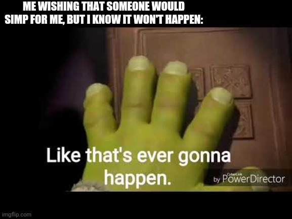 I'm Taking The Hint That No One Loves Me (so wake me up when someone good happens to me ig) | ME WISHING THAT SOMEONE WOULD SIMP FOR ME, BUT I KNOW IT WON'T HAPPEN: | image tagged in like that's ever gonna happen | made w/ Imgflip meme maker