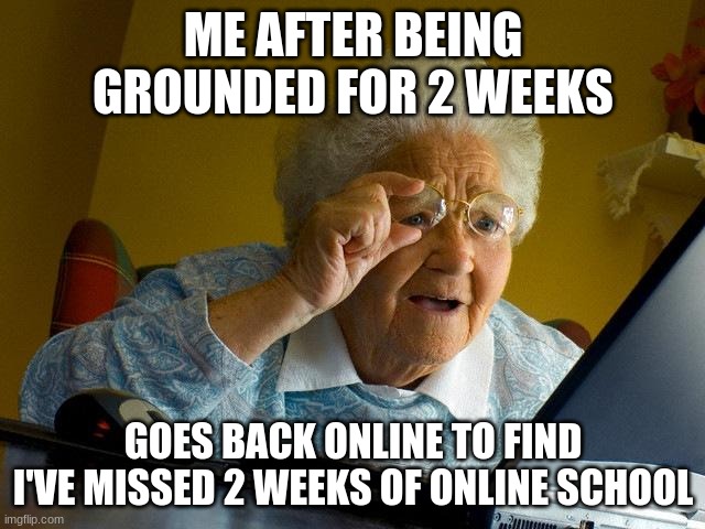 Grandma Finds The Internet | ME AFTER BEING GROUNDED FOR 2 WEEKS; GOES BACK ONLINE TO FIND I'VE MISSED 2 WEEKS OF ONLINE SCHOOL | image tagged in memes,grandma finds the internet | made w/ Imgflip meme maker