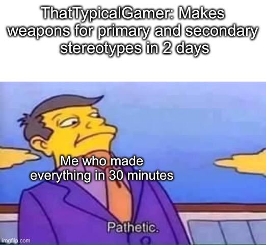 skinner pathetic | ThatTypicalGamer: Makes weapons for primary and secondary
 stereotypes in 2 days; Me who made everything in 30 minutes | image tagged in skinner pathetic | made w/ Imgflip meme maker