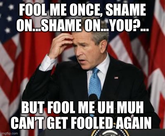 George w Bush | FOOL ME ONCE, SHAME ON...SHAME ON...YOU?... BUT FOOL ME UH MUH CAN’T GET FOOLED AGAIN | image tagged in george w bush | made w/ Imgflip meme maker