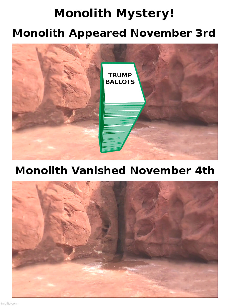 Monolith Mystery | image tagged in monolith,mystery,trump,democrats,biden,voter fraud | made w/ Imgflip meme maker