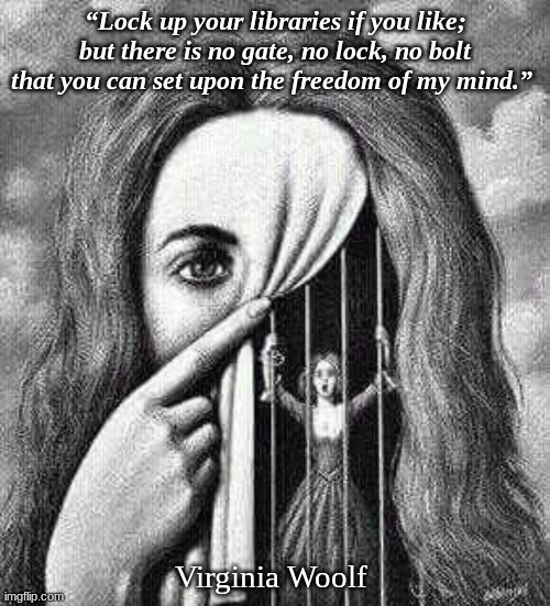 “Lock up your libraries if you like; but there is no gate, no lock, no bolt that you can set upon the freedom of my mind.”; Virginia Woolf | image tagged in freedom | made w/ Imgflip meme maker