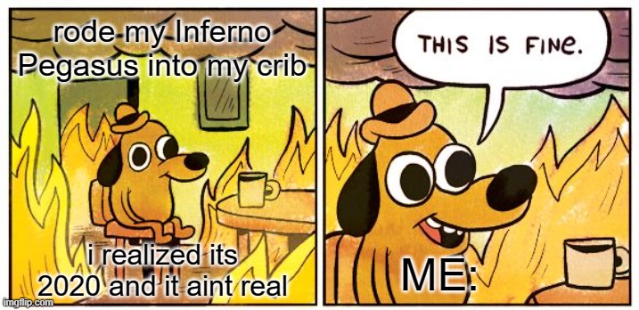 This Is Fine Meme | rode my Inferno Pegasus into my crib; i realized its 2020 and it aint real; ME: | image tagged in memes,this is fine | made w/ Imgflip meme maker