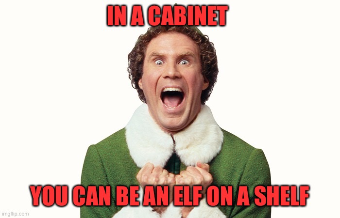 Buddy the elf excited | IN A CABINET YOU CAN BE AN ELF ON A SHELF | image tagged in buddy the elf excited | made w/ Imgflip meme maker
