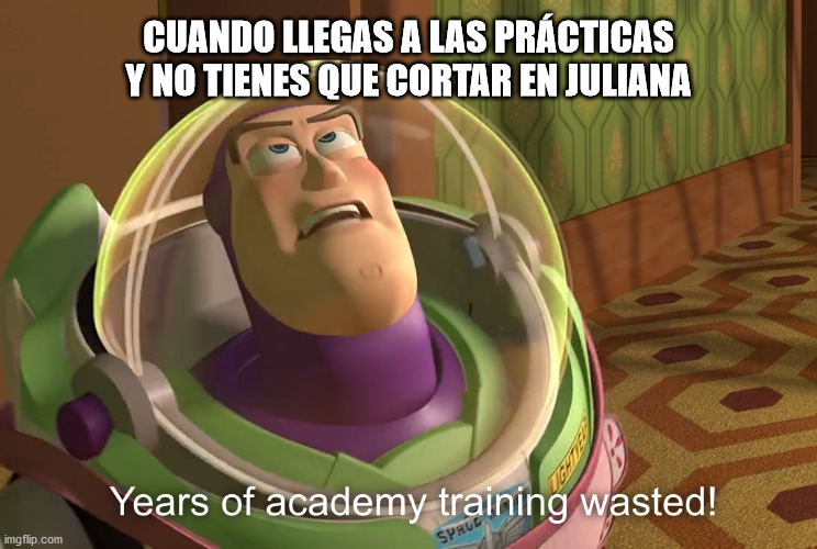 Ni juliana ni pont-neuf ni nada | CUANDO LLEGAS A LAS PRÁCTICAS Y NO TIENES QUE CORTAR EN JULIANA | image tagged in years of academy training wasted | made w/ Imgflip meme maker