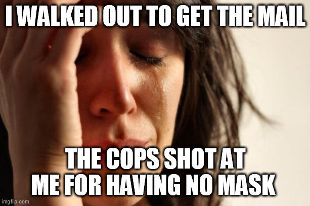 First World Problems Meme | I WALKED OUT TO GET THE MAIL; THE COPS SHOT AT ME FOR HAVING NO MASK | image tagged in memes,first world problems | made w/ Imgflip meme maker