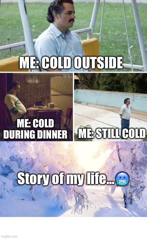 ME: COLD OUTSIDE; ME: STILL COLD; ME: COLD DURING DINNER; Story of my life...🥶 | image tagged in memes,sad pablo escobar | made w/ Imgflip meme maker