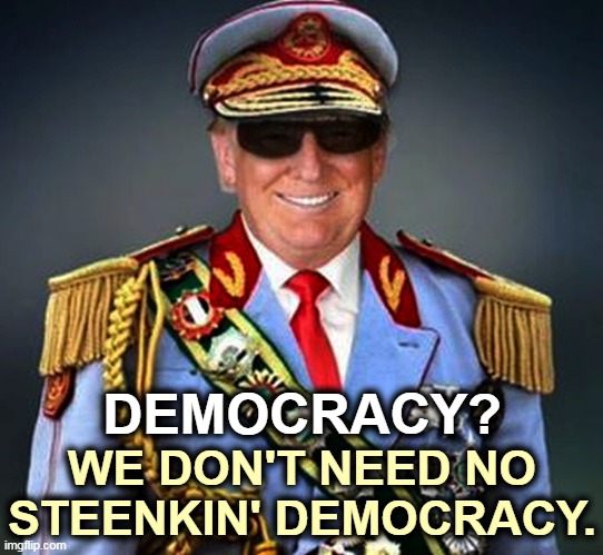 Constitution? What's that? A laxative? | DEMOCRACY? WE DON'T NEED NO STEENKIN' DEMOCRACY. | image tagged in trump,president,dictator,life | made w/ Imgflip meme maker