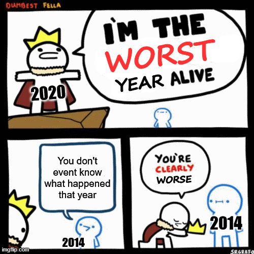 2020 hasn't been that better, I was just more prepared | WORST; YEAR; 2020; You don't event know what happened that year; WORSE; 2014; 2014 | image tagged in i'm the dumbest man alive | made w/ Imgflip meme maker